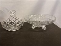 Footed glass bowl & crystal-cut glass basket