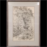 Artist Signed Charcoal Drawing Of Arbor In Woods