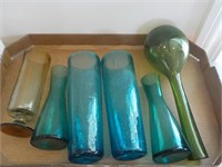 Hand blown vases and glasses 1 blue glass crack