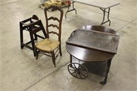 ROLLING SERVING TABLE, HIGH CHAIR AND CHAIR, TABLE