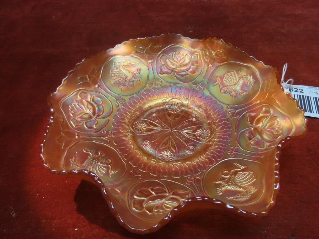 Lotus & dragon carnival glass bowl.