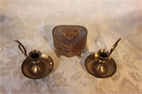 MCM GOLD JEWEL BOX AND 2 BRASS CANDLE HOLDERS