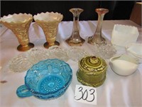 15 PIECES- GOLD MILK GLASS VASES, CANDLE HOLDERS,