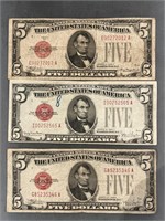 3x The Bid 1928 Red Seal $5 Notes