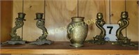 2 sets of candle sticks and vase (brass ?)