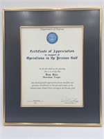 Framed 14x17” Department Of Defense Certificate