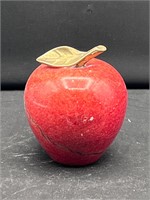 Red Onyx Apple Paperweight With Brass Stem & Leaf