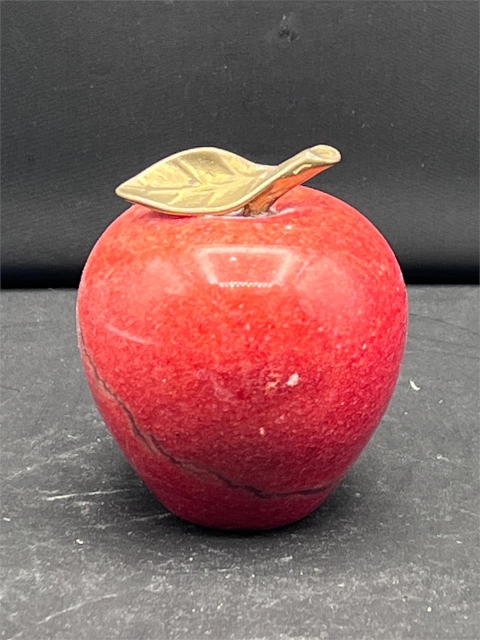 Red Onyx Apple Paperweight With Brass Stem & Leaf