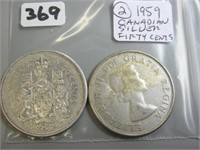 2  Silver Canadian 1959 Fifty Cents Coins