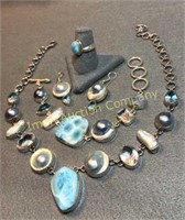 Sterling & Larimar Necklaces, Ring, Earrings