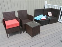 outdoor couch, 2 arm chairs, table
