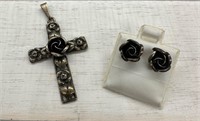 .925 Sterling Silver Cross Pendant Earrings Set