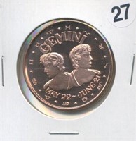 Gemini Zodiac One Ounce .999 Copper Round