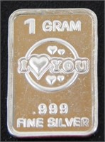 1 gram Silver Ingot - I (Heart) You, .999 Fine
