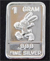 1 gram Silver Ingot - Cartoon Bunny, .999 Fine