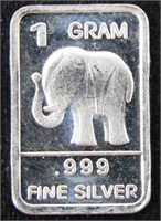 1 gram Silver Bar - Elephant, .999 Fine Silver