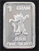 1 gram Silver Ingot - Dancing Cat, .999 Fine