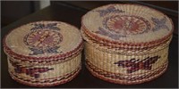 Pair Handwoven Nesting Lidded Baskets w/ Contents