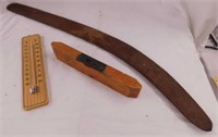 Vintage wood boomerang - Wood thermometer - 9"