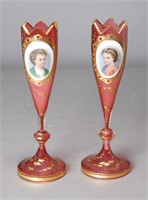 Pair 19th C. Moser Cranberry Glass Portrait Vases
