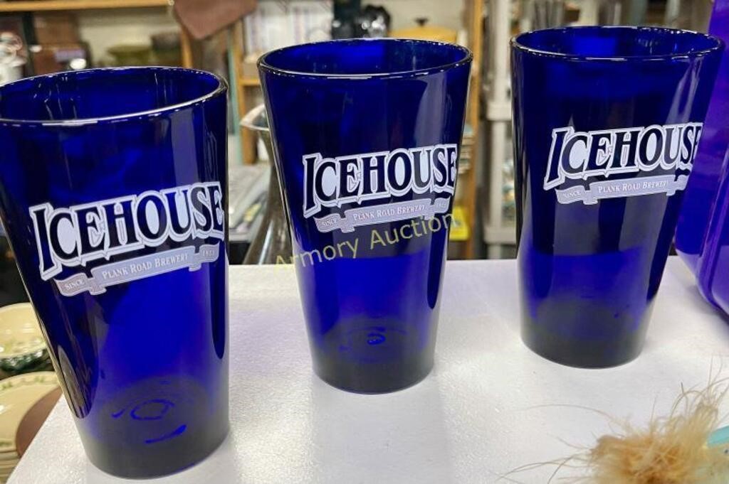 3 COBALT GLASS ICEHOUSE BEER GLASSES