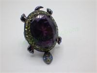 Purple Stone Pave Crystal Moving Turtle Ring Sign