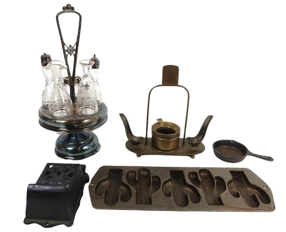 VINTAGE CAST IRON, BRASS AND CONDIMENT SET