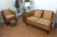 Rattan loveseat, chair and table