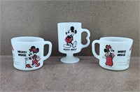 3 Vtg Disney Mickey & Minne Mouse Milk Glass Cups