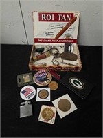 Vintage cigar box with vintage coins, pins,