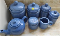 Blue Ceramic Canister Set w/ Tea Pot, Cream