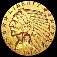 1910 $5 Gold Half Eagle LIGHTLY CIRCULATED