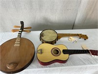 3pc Vintage Banjo, Mini Guitar, & Yueqin