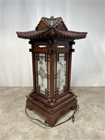 Beautifully carved wooden temple lamp with 2