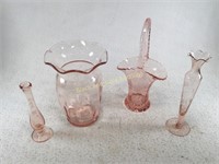 Pink Depression Glass Vases & Basket