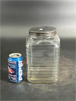 NICE LARGE RIBBED GLASS STORE JAR WITH LID