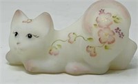 Fenton Hp White Opal Satin Crouching Kitty Artist