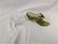 Fenton Green Glass Shoe & 3.5" Vase