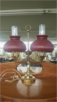 Brass Double Student Lamp w/ Red Glass Shades