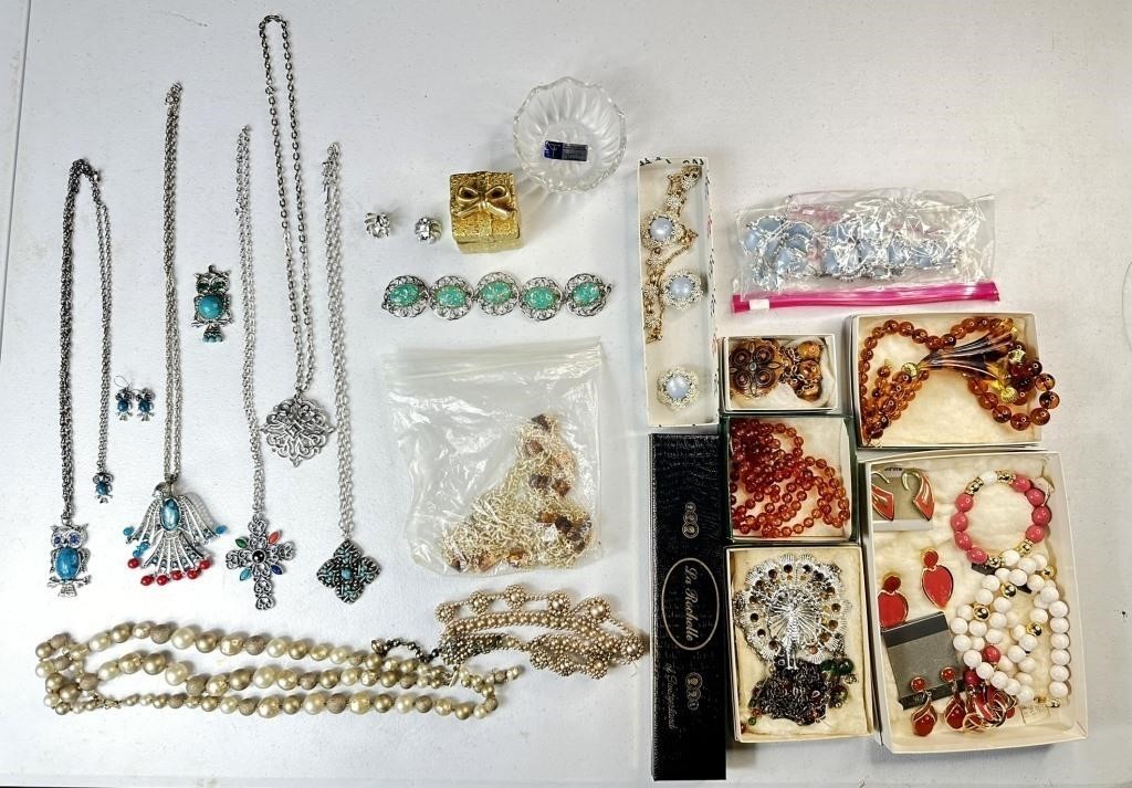 Mixed Lot of Costume Jewelry & Crystal Dish