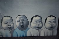 Contemporary oil painting of 4 x sleeping babies,