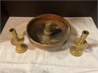 Wood nut bowl/ brass candle holders