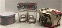 4 CHRISTMAS GLASSES, 2 LIDDED CONTAINERS