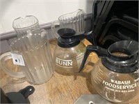 3 Heavy Plastic pitchers, 2 coffee pots