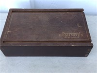 SLIDE TOP DOMINOE WOOD BOX WITH SOME DOMINOES