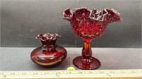 Red Glass vase & pedestal dish
