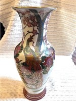 Vtg. Large 15” Porcelain Floral and Peacock Vase