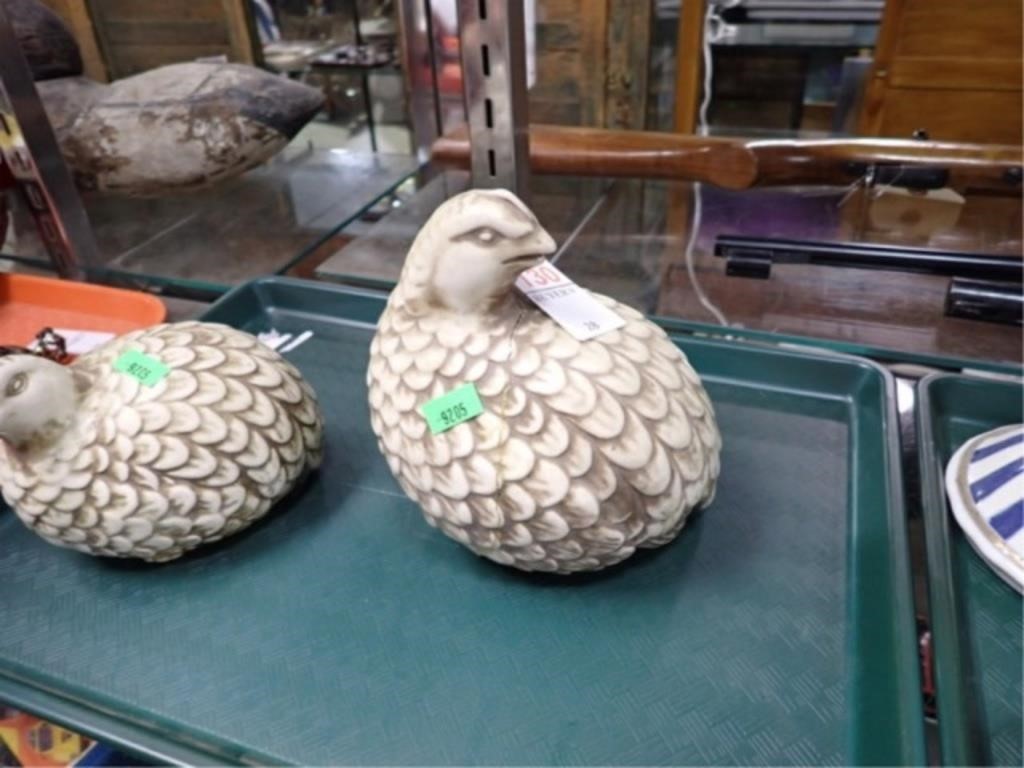 TWO 1963 SIGNED CERAMIC QUAIL - ONE CRACKED