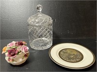 Glass cookie/candy jar w/lid and 2 other pieces