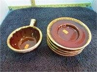 HULL BROWN DRIP POTTERY SAUCERS & BOWL